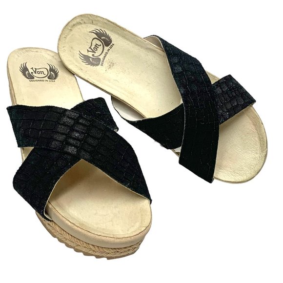 VON DUTCH Crossover‎ Black Embossed Suede Platform Slide Sandals - Picture 1 of 11